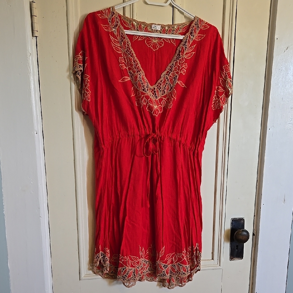 Red Floral Embroidered Women's Top